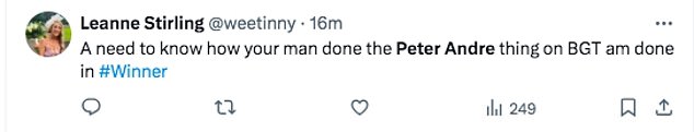 Viewers loved the act and shared their joy at seeing Peter as well as being in disbelief at the trick, as one said: '#Trixy just won #bgt with that astounding trick'