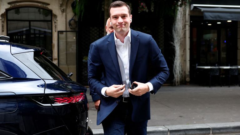 Jordan Bardella  arrives at the RN party headquarters in Paris.
Pic:Reuters