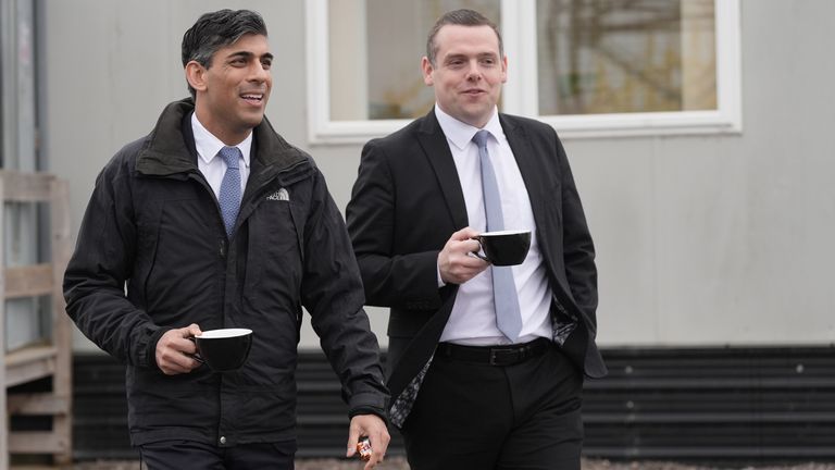 Rishi Sunak and Douglas Ross during the general election campaign trail in Scotland last month. Pic: PA