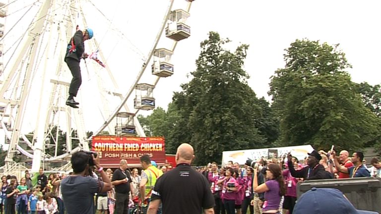 Boris Johnson hanging from a zipwire. Pic: PA