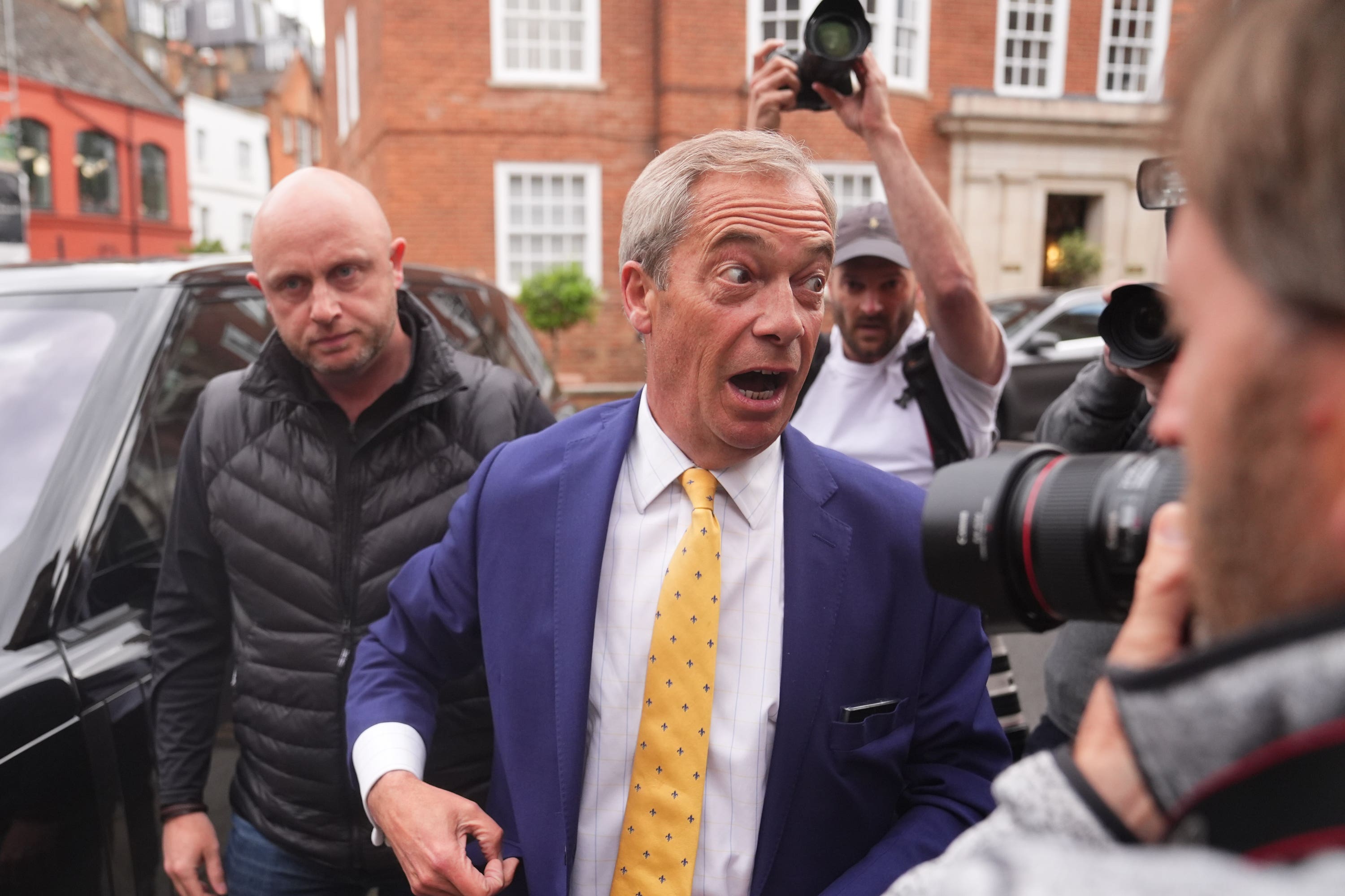 Reform UK leader Nigel Farage arrives at a fundraiser for Donald Trump, hosted by former Neighbours star Holly Valance (James Manning/PA)