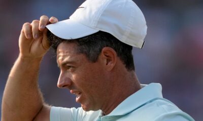 Rory McIlroy, of Northern Ireland, reacts after missing a putt on the 18th hole during the final round of the U.S. Open golf tournament Sunday, June 16, 2024, in Pinehurst, N.C. (AP Photo/Matt York)