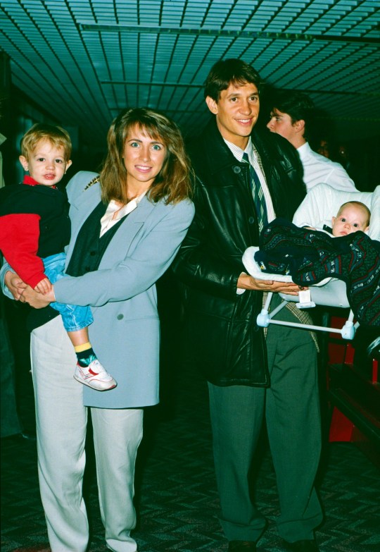 Gary Lineker, with wife Michelle Cockayne, arriving at London Heathrow airport with children George Lineker, and Harry Lineker.