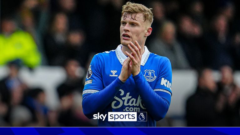 Everton's Jarrad Branthwaite applauds fans at the end of the English Premier League soccer match between Everton and Tottenham Hotspur