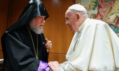 Aram I, the top leader of the Armenian Church of Cilicia, meets with Pope Francis at the Vatican on June 12, 2024.