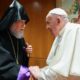 Aram I, the top leader of the Armenian Church of Cilicia, meets with Pope Francis at the Vatican on June 12, 2024.