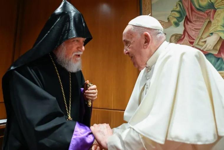 Aram I, the top leader of the Armenian Church of Cilicia, meets with Pope Francis at the Vatican on June 12, 2024.