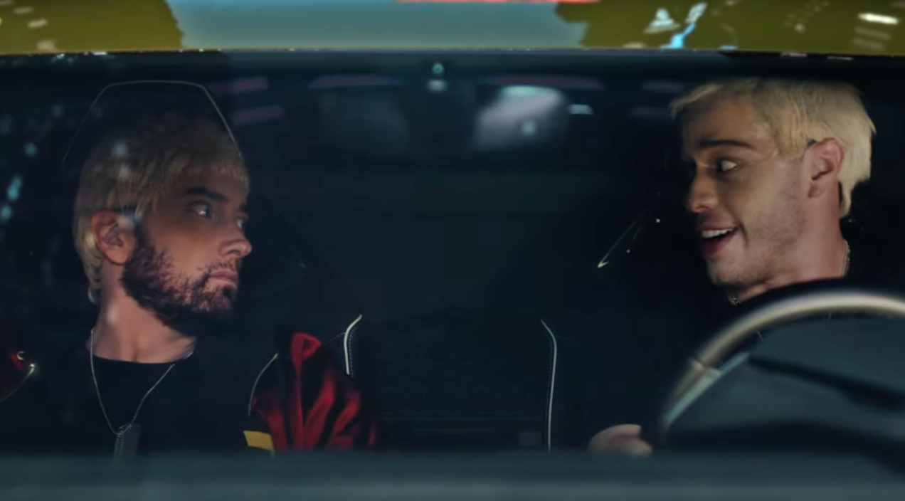 Pete Davidson (right) with Eminem in the rapper’s music video for ‘Houdini'