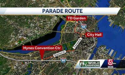 An illustration of the Boston Celtics championship parade route for Friday, July 21.