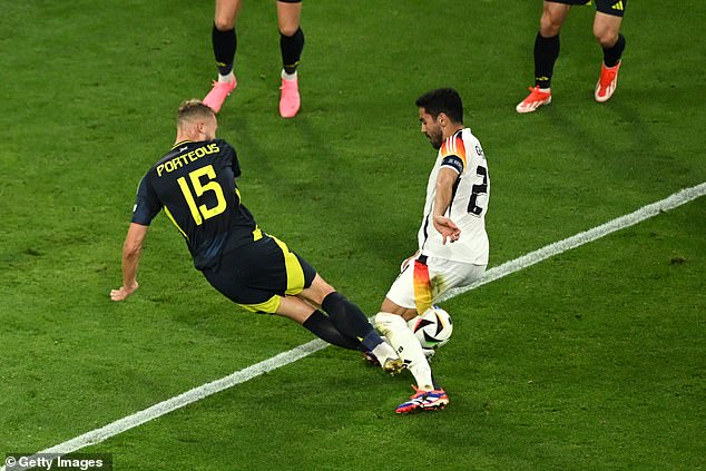 Scotland defender Ryan Porteous was sent off for a challenge on Germany's Ilkay Gundogan