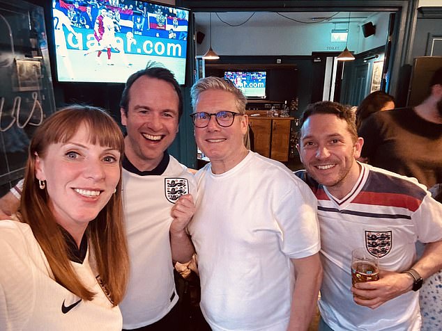 Sir Keir Starmer has been ridiculed for not wearing an England shirt as he watched the Three Lions' 1-0 win against Serbia at a pub with Angela Rayner and two comedians