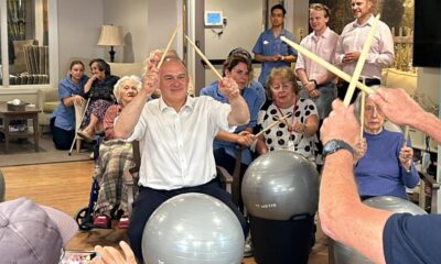 Lib Dem leader Ed Davey drums at care home in Romsey on campaign tour