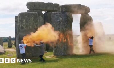 Stonehenge covered in powder paint by Just Stop Oil protesters