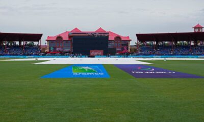 The pitch area is seen covered after wet outfield delayed the start of the ICC Men's T20 World Cup cricket match between Canada and India at the Central Broward Regional Park Stadium, Lauderhill, Fla., Saturday, June 15, 2024. (AP Photo/Lynne Sladky)