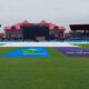 The pitch area is seen covered after wet outfield delayed the start of the ICC Men's T20 World Cup cricket match between Canada and India at the Central Broward Regional Park Stadium, Lauderhill, Fla., Saturday, June 15, 2024. (AP Photo/Lynne Sladky)