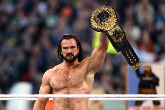 Drew McIntyre reacts after defeating Seth Rollins to win the WWE World Heavyweight Championship during Night Two at Lincoln Financial Field on April 07, 2024 in Philadelphia, Pennsylvania.