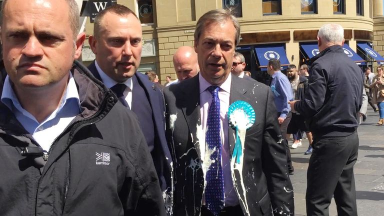 Nigel Farage after he was doused in milkshake during a campaign walkabout in Newcastle in 2019
Pic: PA