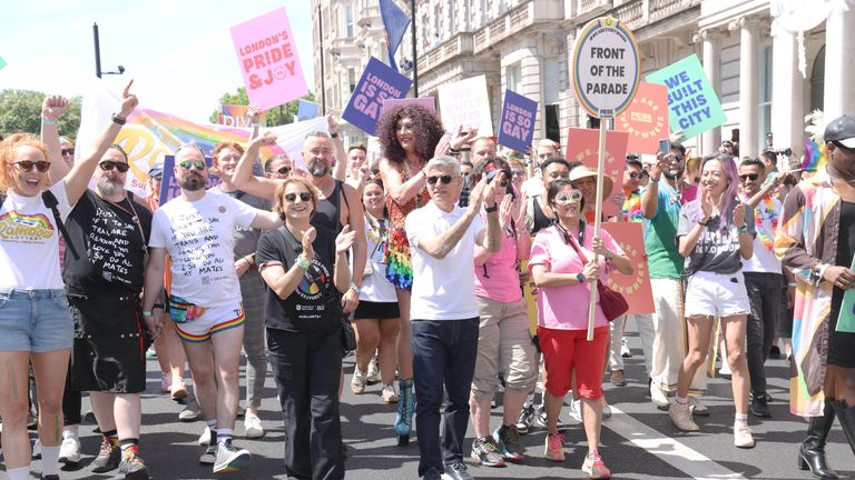 Mayor of London Sadiq Khan joins the Pride in London parade.
Pic:PA