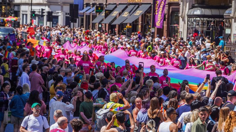 Revellers line the route as the pride parade passes in Piccadilly street.
PicAmer Ghazzal/Shutterstock

