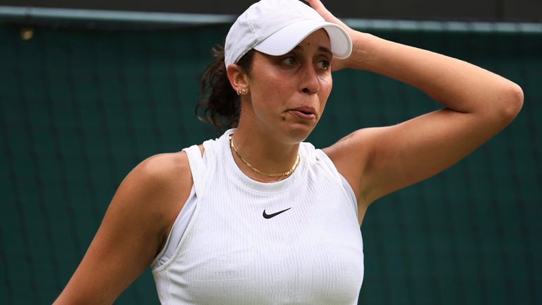 Madison Keys of United States reacts during the ladies' singles 4th round match against Jasmine Paolini of Italy on the day 7 of the Wimbledon tennis championships at All England Lawn Tennis and Croquet Club in London, United Kingdom on July 7, 2024. Madison Keys retired midway through the third set due to injury.( The Yomiuri Shimbun via AP Images )