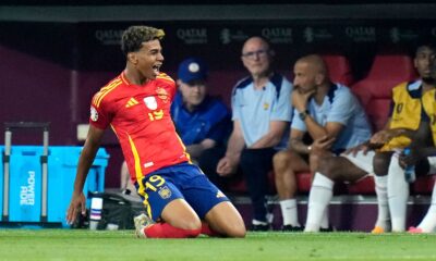 Spain's Lamine Yamal celebrates his side's equalising goal during a semifinal match between Spain and France at the Euro 2024 soccer tournament in Munich, Germany, Tuesday, July 9, 2024. (AP Photo/Hassan Ammar)