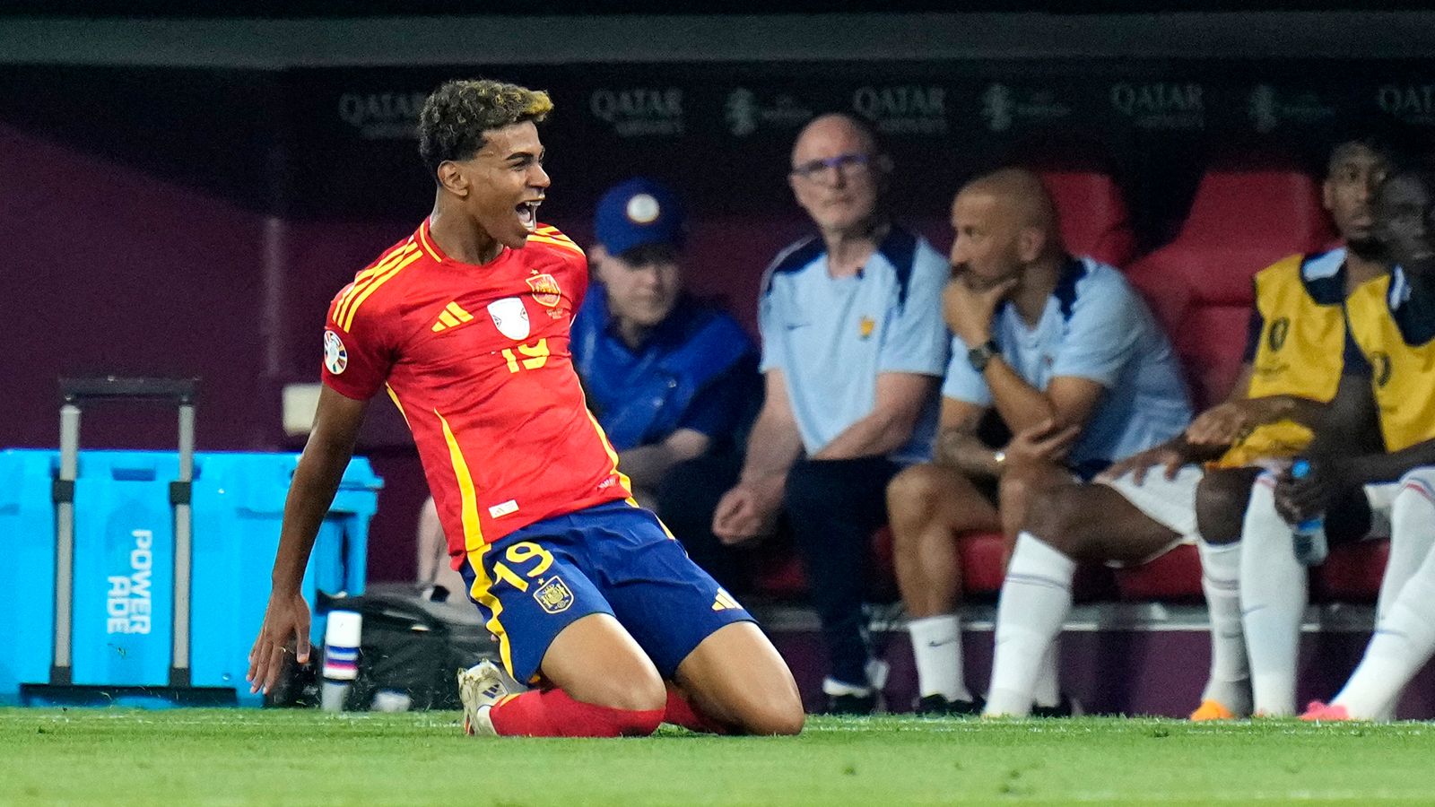 Spain's Lamine Yamal celebrates his side's equalising goal during a semifinal match between Spain and France at the Euro 2024 soccer tournament in Munich, Germany, Tuesday, July 9, 2024. (AP Photo/Hassan Ammar)