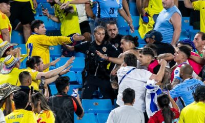 Uruguay players stepped into the stands to deal with an altercation with Colombia supporters