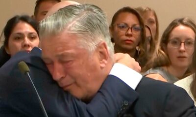 Actor Alec Baldwin reacts after the judge threw out the involuntary manslaughter case for the 2021 fatal shooting of cinematographer Halyna Hutchins during filming of the Western movie "Rust," Friday, July 12, 2024, at Santa Fe County District Court in Santa Fe, N.M. (Pool Video via AP)