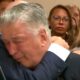 Actor Alec Baldwin reacts after the judge threw out the involuntary manslaughter case for the 2021 fatal shooting of cinematographer Halyna Hutchins during filming of the Western movie "Rust," Friday, July 12, 2024, at Santa Fe County District Court in Santa Fe, N.M. (Pool Video via AP)