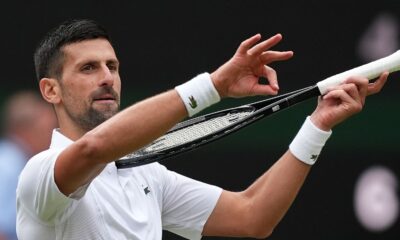 Novak Djokovic celebrates victory over Lorenzo Musetti (not pictured) on day twelve of the 2024 Wimbledon Championships at the All England Lawn Tennis and Croquet Club, London. Picture date: Friday July 12, 2024.