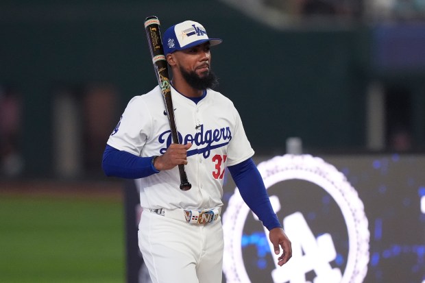 Dodgers outfielder Teoscar Hernández is introduced before the All-Star Home...