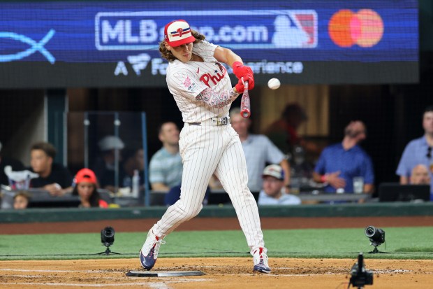 The Philadelphia Phillies’ Alec Bohm bats during the Home Run...