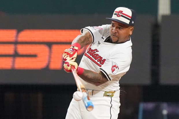 The Cleveland Guardians’ Jose Ramirez connects during the All-Star Home...