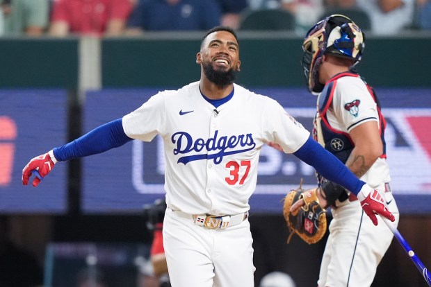 Dodgers outfielder Teoscar Hernández smiles during the All-Star Home Run...