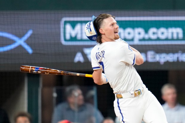 The Kansas City Royals’ Bobby Witt Jr. swings during the...