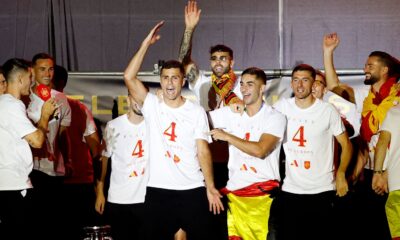 Rodri (middle) made the remarks as the team greeted fans in Madrid. Pic: Reuters