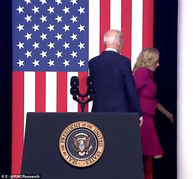 The First Lady rushed to his side in January, at the end of his first campaign speech of 2024, as he seemed to be completely zoned-out. Joe had just concluded his remarks when he turned to leave the stage only to have Jill rush up, take him by the hand and escort him off stage