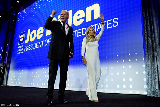 First Lady Jill Biden helped her husband walk off stage in October 2023 after the couple gave keynote speeches at the Human Right's Campaign dinner