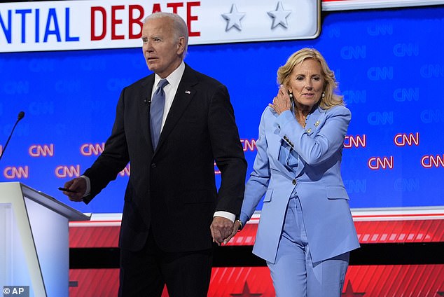 The First Lady, 73, has spent the last few months trying to help Joe salvage his campaign by coming to his rescue as his ailing health has taken center stage. She was seen escorting the confused President, 81, off the stage (pictured) last month following his car-crash debate with Donald Trump