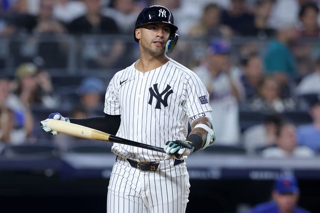 Jul 24, 2024; Bronx, New York, USA; New York Yankees second baseman Gleyber Torres (25) reacts after striking out to end the sixth inning against the New York Mets at Yankee Stadium. Mandatory Credit: Brad Penner-USA TODAY Sports