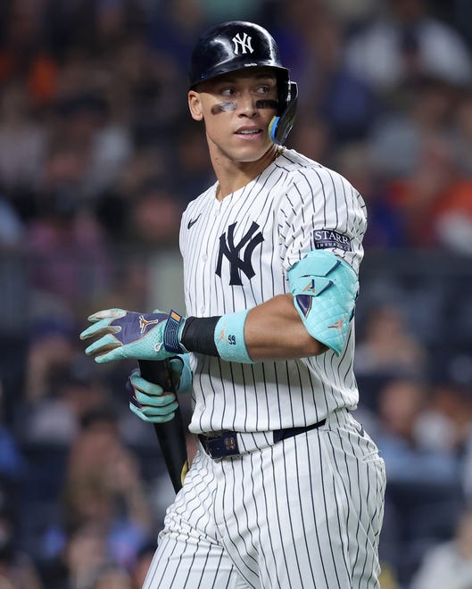 Jul 24, 2024; Bronx, New York, USA; New York Yankees center fielder Aaron Judge (99) reacts after striking out during the seventh inning against the New York Mets at Yankee Stadium. Mandatory Credit: Brad Penner-USA TODAY Sports