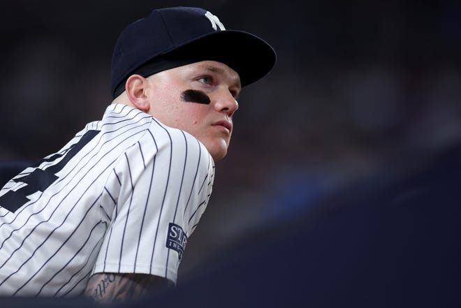 Jul 24, 2024; Bronx, New York, USA; New York Yankees left fielder Alex Verdugo (24) watches from the dugout during the seventh inning against the New York Mets at Yankee Stadium. Mandatory Credit: Brad Penner-USA TODAY Sports
