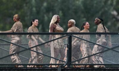 Aya Nakamura (C) and dancers perfom on the Pont des Arts footbridge during the opening ceremony of the Paris 2024 Olympic Games in Paris on July 26, 2024. (Photo by Gabriel BOUYS / AFP) (Photo by GABRIEL BOUYS/AFP via Getty Images)