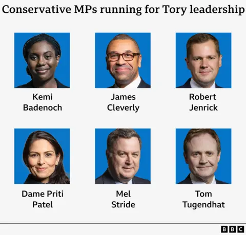 Conservative MPs running from the leadership are Kemi Badenoch, James Cleverly, Robert Jenrick, Dame Priti Patel, Mel Stride and Tom Tugendhat