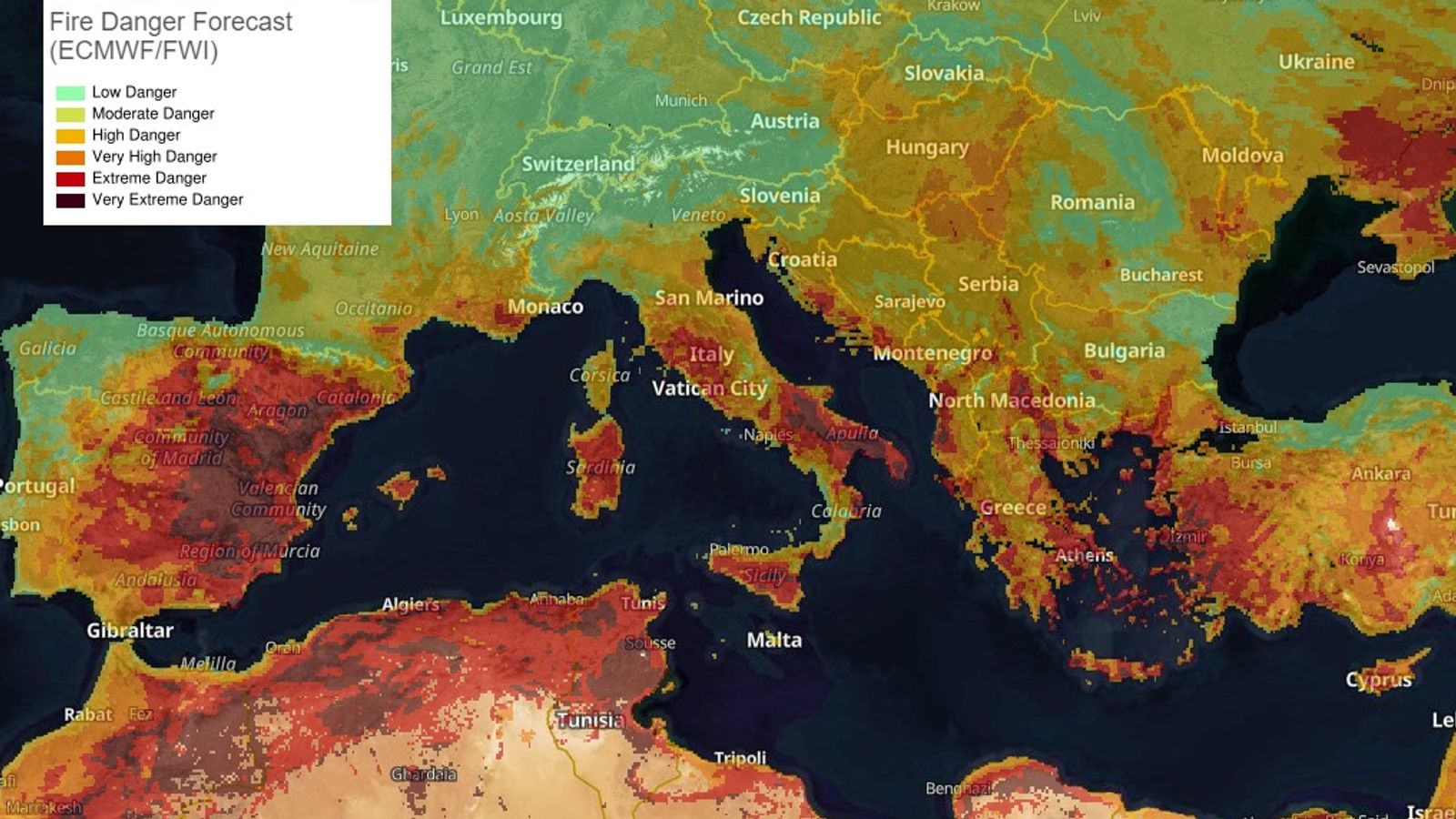 Fire danger forecast Pic: ECMWF/FWI