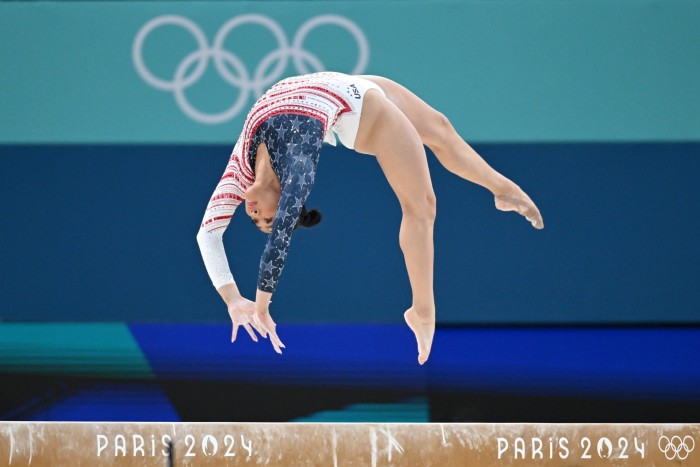 Sunisa Lee on the balance beam during Tuesday’s team final in Paris, France