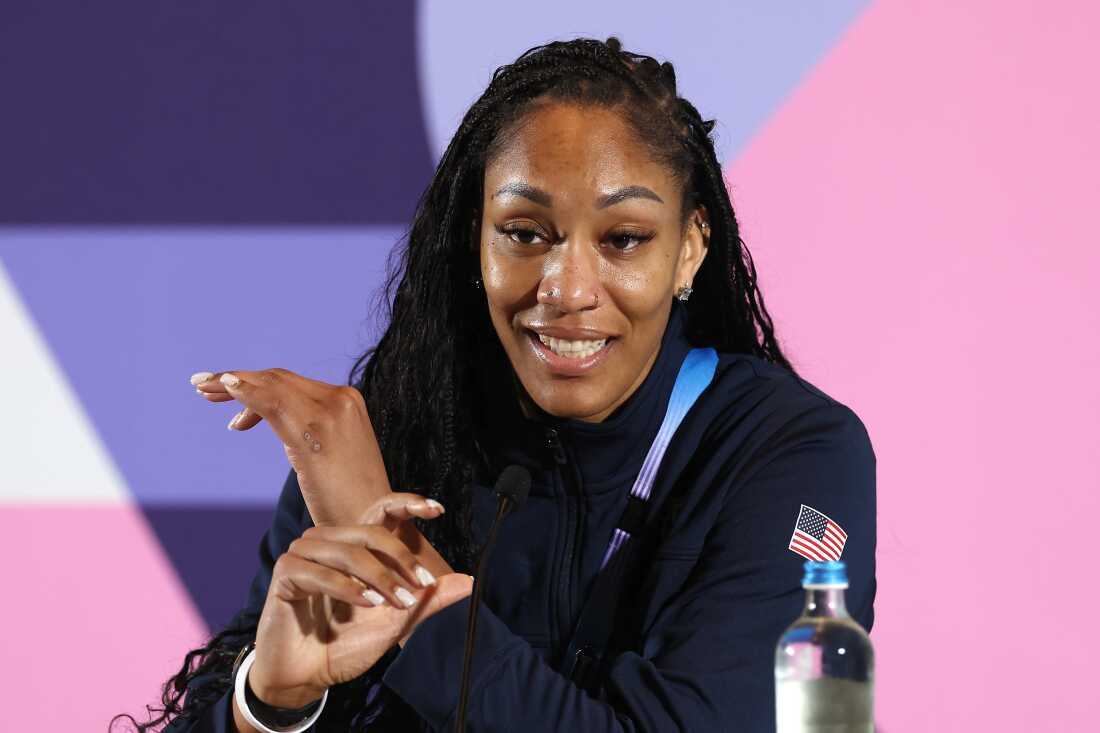 A'ja Wilson speaks during a Team USA Women's Basketball press conference at the Paris Olympics 2024 Main Press Center on Saturday.