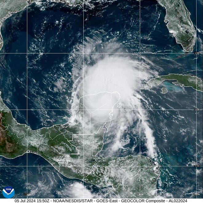 Hurricane Beryl from NOAA GOES 16 satellite over Mexico and the Gulf of Mexico on the morning of July 5, 2024.