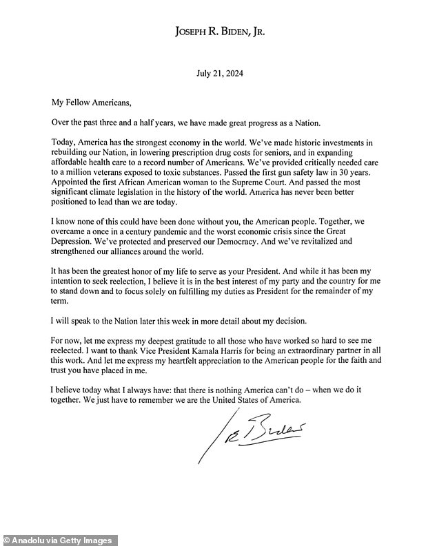 Joe Biden announced his historic decision to step aside in a one-page letter posted to X on Sunday where he committed to completing his term, but did not fully endorse Vice President Kamala Harris as his replacement until a follow-up social media post