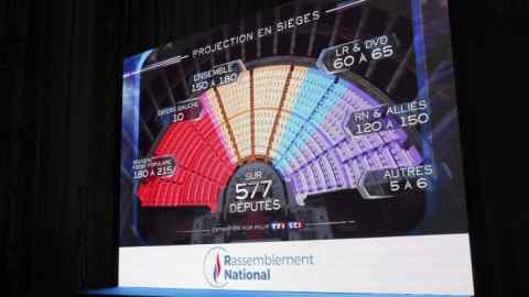 A television screen displays results of voting in the second round of legislative elections in Paris